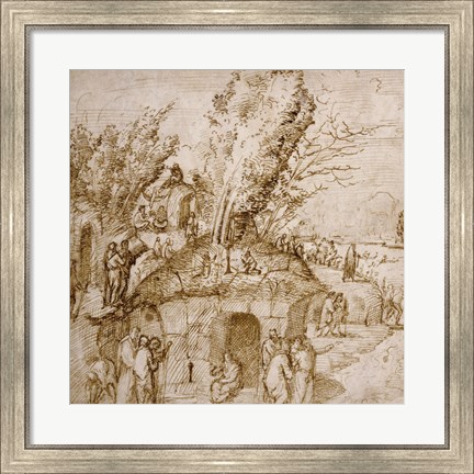Framed Thebaid: Monks and Hermits in a Landscape Print