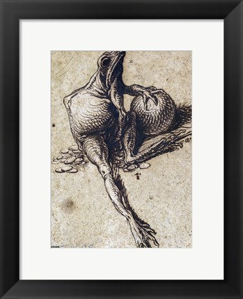 Framed Frog Sitting on Coins and Holding a Sphere Print
