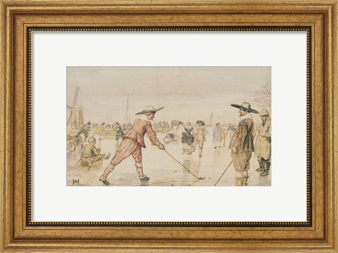 Framed Winter Scene with Two Gentlemen Playing Colf Print