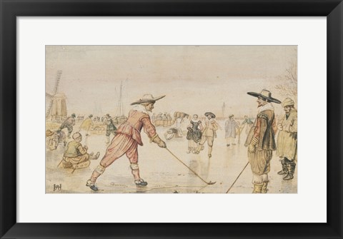 Framed Winter Scene with Two Gentlemen Playing Colf Print