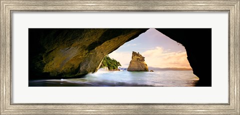 Framed Rock formations in the Pacific Ocean, Cathedral Cove, Coromandel, East Coast, North Island, New Zealand Print
