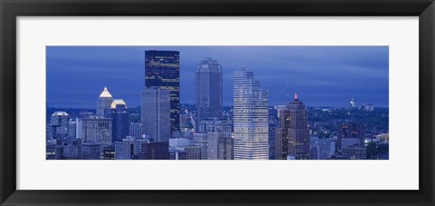 Framed High angle view of skyscrapers lit up at dusk, Pittsburgh, Pennsylvania, USA Print