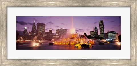 Framed Fountain lit up at dusk in a city, Chicago, Cook County, Illinois, USA Print