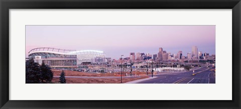 Framed USA, Colorado, Denver, Invesco Stadium, Skyline at dusk Print