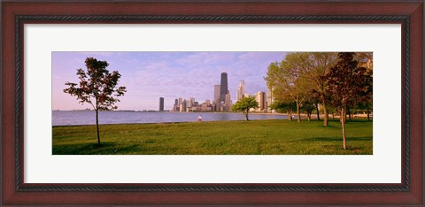 Framed Trees in a park with lake and buildings in the background, Lincoln Park, Lake Michigan, Chicago, Illinois, USA Print