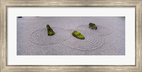 Framed High angle view of moss on three stones in a Zen garden, Washington Park, Portland, Oregon, USA Print
