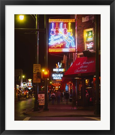 Framed Neon sign lit up at night in a city, Rum Boogie Cafe, Beale Street, Memphis, Shelby County, Tennessee, USA Print