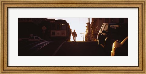 Framed Cable car on the tracks at sunset, San Francisco, California, USA Print