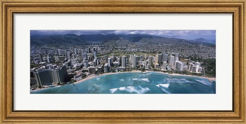 Framed Aerial view of a city, Waikiki Beach, Honolulu, Oahu, Hawaii, USA Print