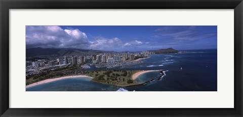 Framed Aerial view of buildings at the waterfront, Ala Moana Beach Park, Waikiki Beach, Honolulu, Oahu, Hawaii, USA Print