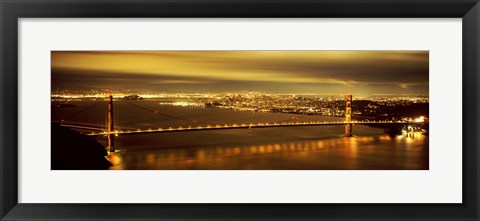 Framed Golden Gate Bridge and San Francisco Skyline Lit Up at Night Print