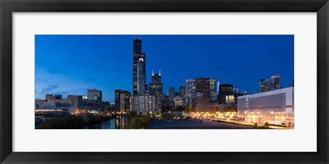 Framed Buildings in a city lit up at dusk, Chicago, Illinois, USA Print