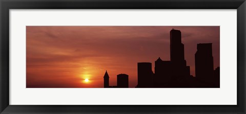 Framed Silhouette of buildings at dusk, Seattle, Washington State Print