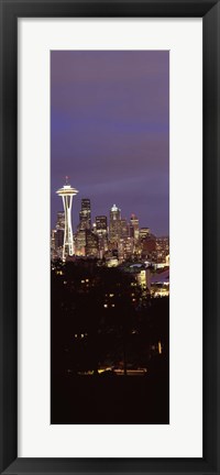 Framed Skyscrapers in a city lit up at night, Space Needle, Seattle, King County, Washington State, USA Print