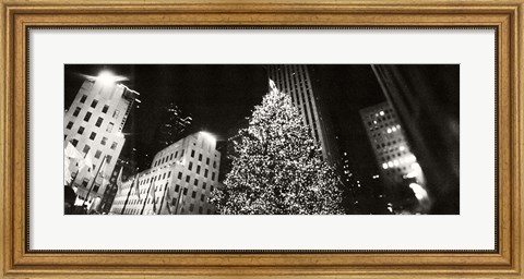 Framed Christmas tree lit up at night, Rockefeller Center, Manhattan (black and white) Print