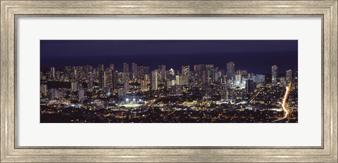 Framed High angle view of a city lit up at night, Honolulu, Oahu, Honolulu County, Hawaii Print