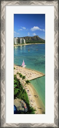 Framed Aerial view of a beach, Diamond Head, Waikiki Beach, Oahu, Honolulu, Hawaii, USA Print
