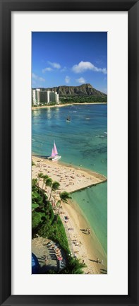 Framed Aerial view of a beach, Diamond Head, Waikiki Beach, Oahu, Honolulu, Hawaii, USA Print