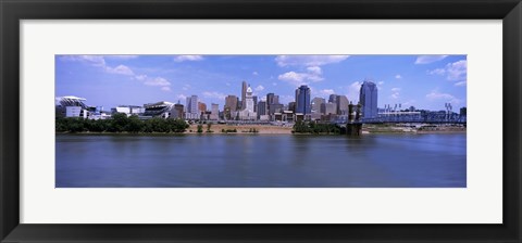 Framed Paul Brown Stadium with John A. Roebling Suspension Bridge along the Ohio River, Cincinnati, Hamilton County, Ohio, USA Print