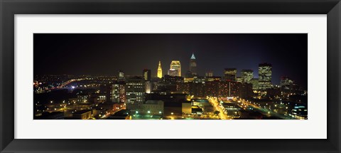 Framed Aerial view of a city lit up at night, Cleveland, Ohio, USA Print