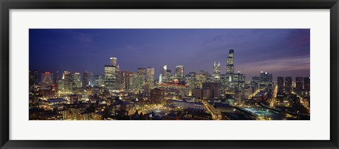 Framed High Angle View Of Buildings Lit Up At Dusk, Chicago, Illinois, USA Print