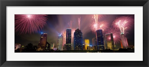 Framed Fireworks Over Buildings In Houston, Texas Print