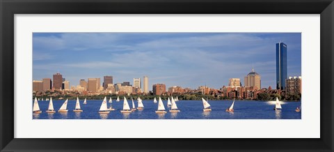 Framed View of boats on a river by a city, Charles River,  Boston Print
