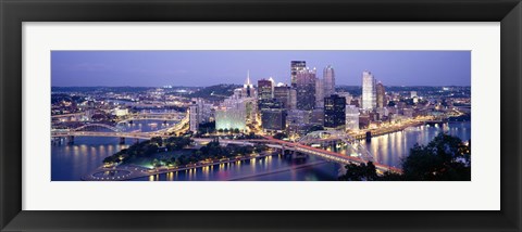 Framed Buildings in a city lit up at dusk, Pittsburgh, Allegheny County, Pennsylvania, USA Print