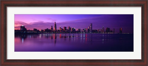 Framed Buildings at the waterfront lit up at dusk, Sears Tower, Hancock Building, Lake Michigan, Chicago, Cook County, Illinois, USA Print