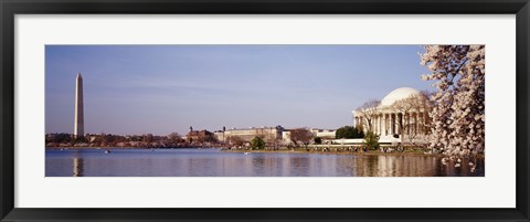 Framed USA, Washington DC, Washington Monument and Jefferson Memorial, Tourists outside the memorial Print