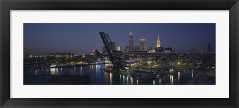 Framed Skyscrapers lit up at night in a city, Cleveland, Ohio, USA Print