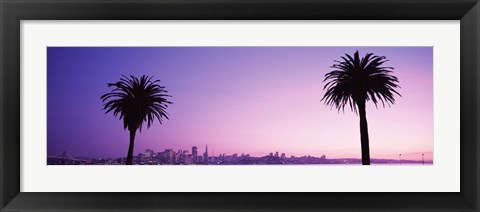 Framed San Francisco skyline between 2 palm trees, California Print