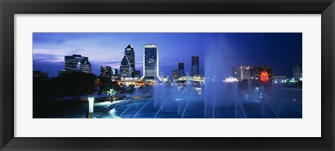 Framed Fountain, Cityscape, Night, Jacksonville, Florida, USA Print