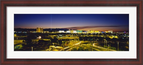 Framed High angle view of buildings lit up at dusk, Las Vegas, Nevada, USA Print