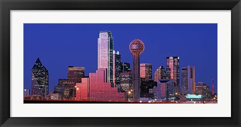 Framed USA, Texas, Dallas, Panoramic view of an urban skyline at night Print