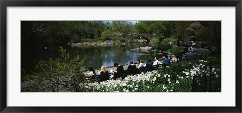 Framed Group of people sitting on benches near a pond, Central Park, Manhattan, New York City, New York State, USA Print