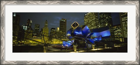 Framed Low angle view of buildings lit up at night, Pritzker Pavilion, Millennium Park, Chicago, Illinois, USA Print