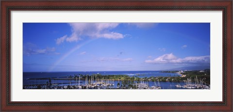 Framed Rainbow Over Boats in Honolulu, Hawaii Print