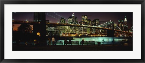 Framed Suspension bridge lit up at dusk, Brooklyn Bridge, East River, Manhattan, New York City, New York State, USA Print