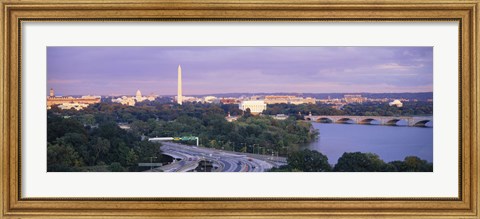 Framed High angle view of monuments, Potomac River, Lincoln Memorial, Washington Monument, Capitol Building, Washington DC, USA Print