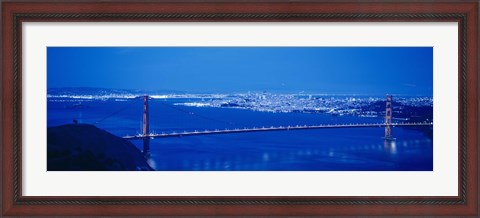 Framed High angle view of a bridge lit up at night, Golden Gate Bridge, San Francisco, California Print