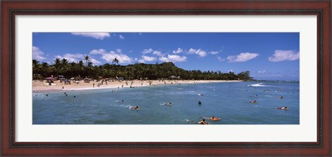 Framed Tourists on the beach, Waikiki Beach, Honolulu, Oahu, Hawaii, USA Print