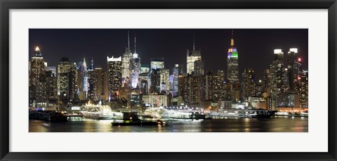Framed Buildings in a city lit up at night, Hudson River, Midtown Manhattan, Manhattan, New York City, New York State, USA Print