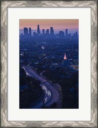 Framed High angle view of highway 101 at dawn, Hollywood Freeway, Hollywood, Los Angeles, California, USA Print