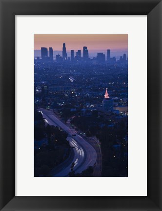 Framed High angle view of highway 101 at dawn, Hollywood Freeway, Hollywood, Los Angeles, California, USA Print