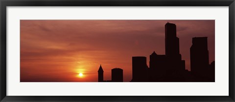 Framed Silhouette of buildings at dusk, Seattle, Washington State Print