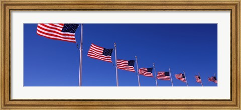 Framed Low angle view of American flags, Washington Monument, Washington DC, USA Print