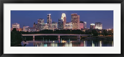 Framed Buildings lit up at night in a city, Minneapolis, Mississippi River, Hennepin County, Minnesota, USA Print
