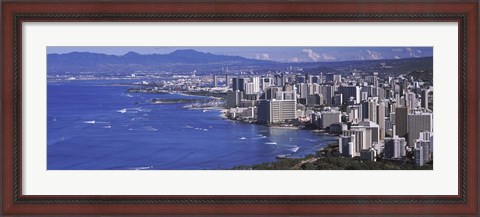 Framed High angle view of a city at waterfront, Honolulu, Oahu, Honolulu County, Hawaii Print