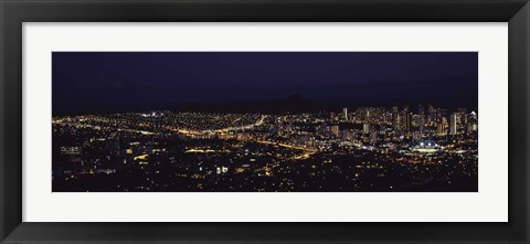 Framed Aerial view of a city lit up at night, Honolulu, Oahu, Honolulu County, Hawaii, USA 2010 Print